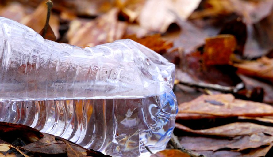 Målet er at all natur er helt avfallsfri! Ei vannflaske ligger oppå brune høstblader i naturen. 
